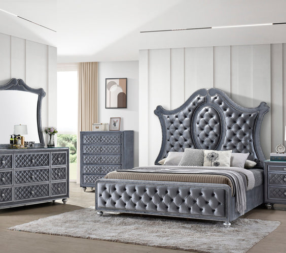 Cameo Gray Modern Velvet Upholstered Tufted Panel Bedroom Set