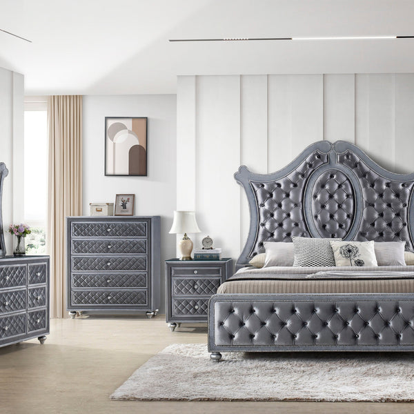 Cameo Gray Modern Velvet Upholstered Tufted Panel Bedroom Set