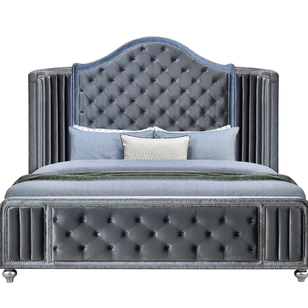 Cameo Gray Modern Contemporary Solid Wood Velvet Upholstered Tufted Panel Bedroom Set