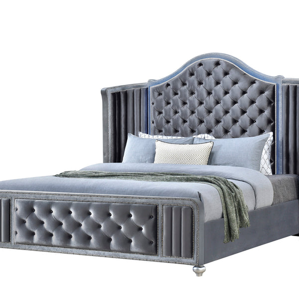 Cameo Gray Modern Contemporary Solid Wood Velvet Upholstered Tufted Panel Bedroom Set
