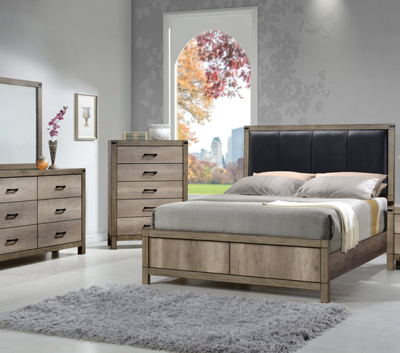 Matteo Melamine Finish Fabric Upholstered Panel Bedroom Set, Heat, Moisture, Stain Resistant, Contemporary Rustic