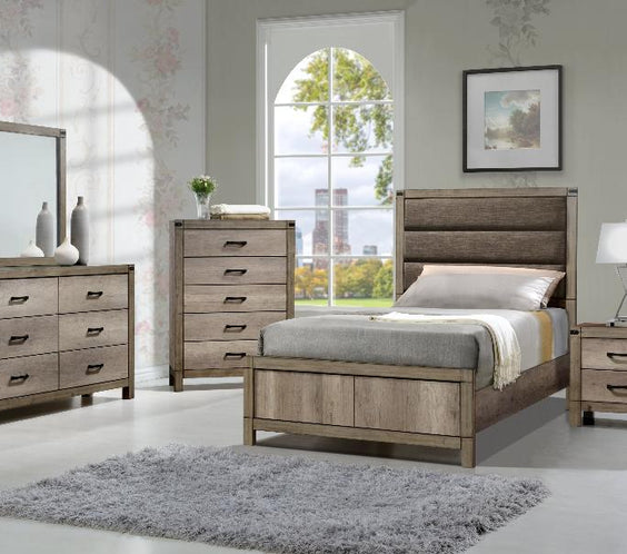 Matteo Melamine Finish Fabric Upholstered Panel Bedroom Set, Heat, Moisture, Stain Resistant, Contemporary Rustic