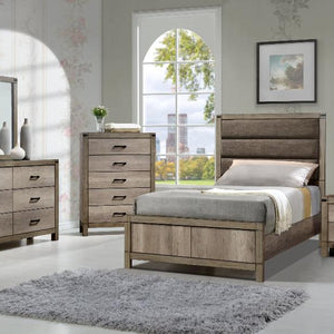 Matteo Melamine Finish Fabric Upholstered Panel Bedroom Set, Heat, Moisture, Stain Resistant, Contemporary Rustic