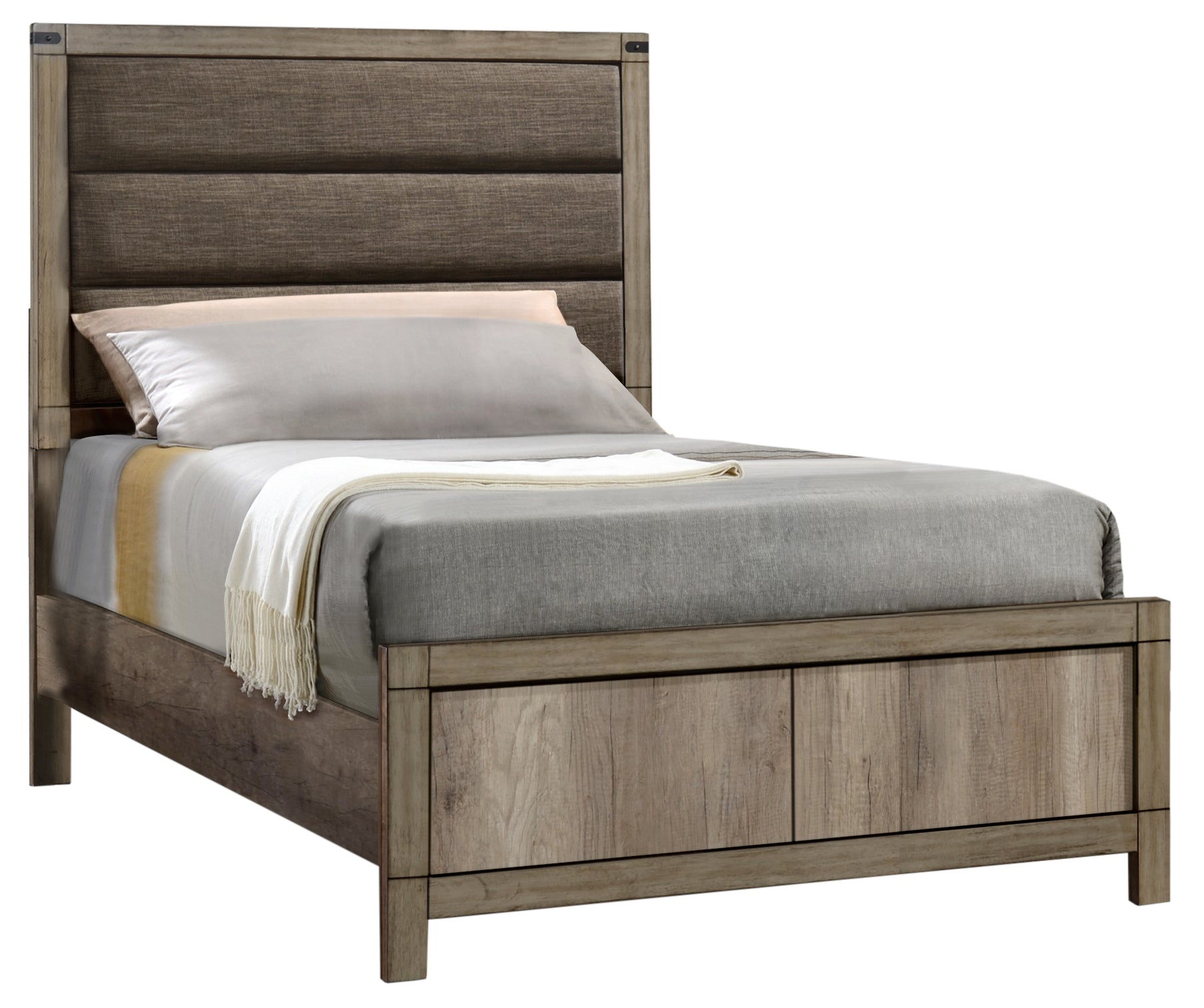 Matteo Melamine Finish Fabric Upholstered Panel Bedroom Set, Heat, Moisture, Stain Resistant, Contemporary Rustic