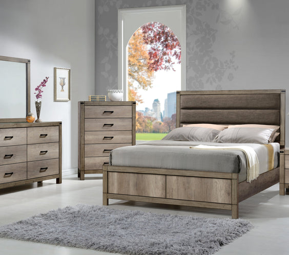 Durability & style with the Matteo Upholstered Panel Bedroom Set At Moda Home. Heat, moisture & stain-resistant melamine finish in a contemporary rustic design.