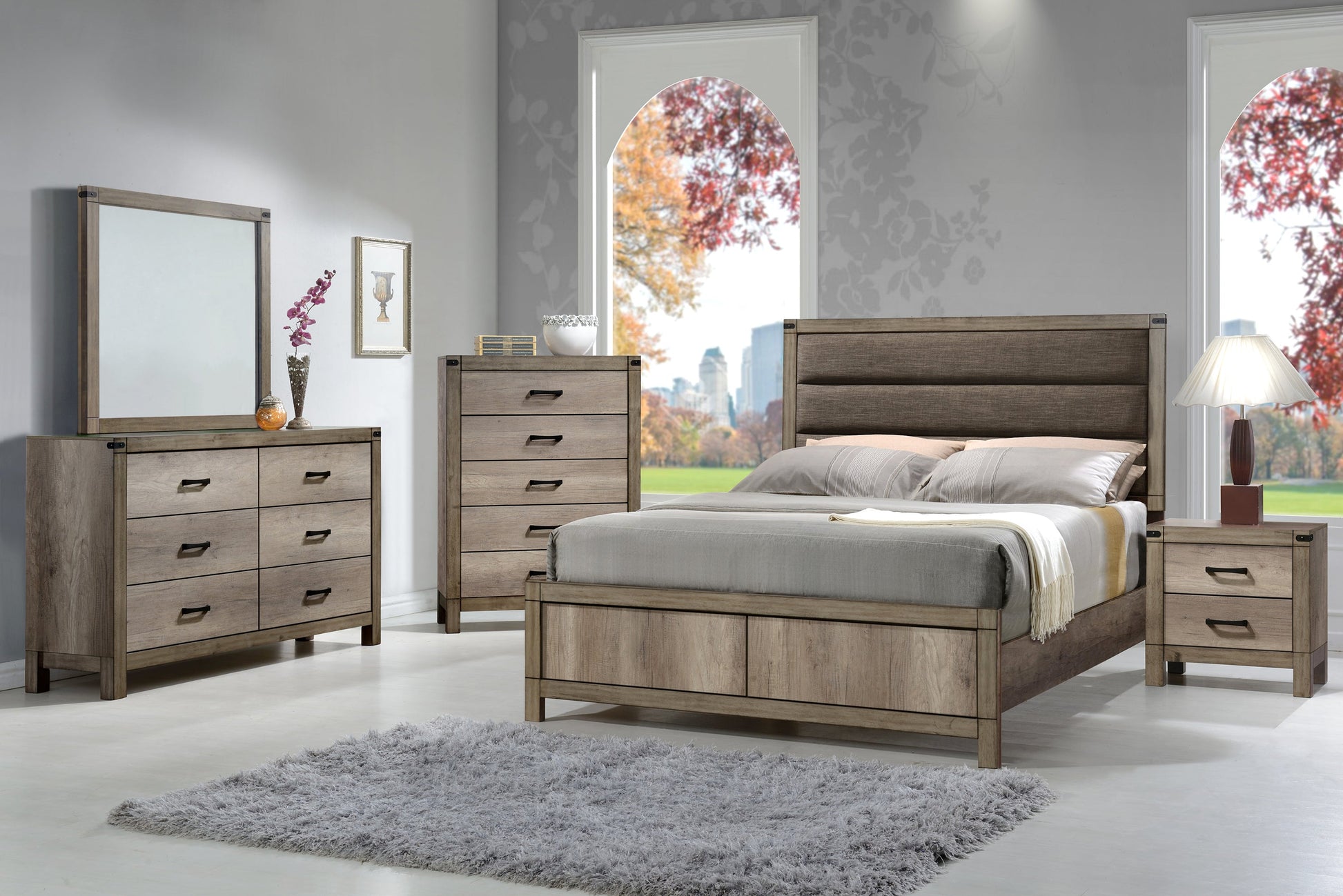 Matteo Melamine Finish Fabric Upholstered Panel Bedroom Set, Heat, Moisture, Stain Resistant, Contemporary Rustic