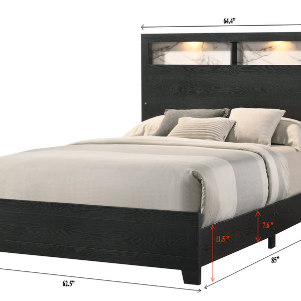 Cadence Black Sleek And Modern Wood LED Bookcase Panel Bedroom Set