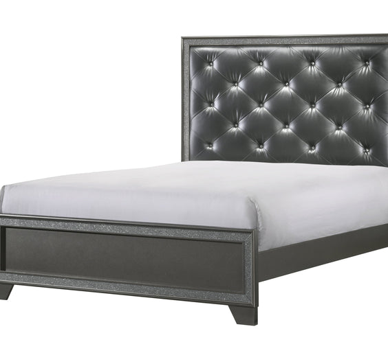 Kaia Dark-Gray Finish Contemporary Sturdy Mahogany Wood Faux Leather Upholstered Tufted Panel Bedroom Set