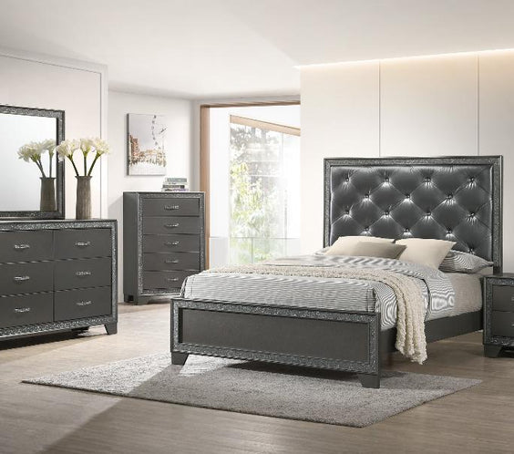 Kaia Dark-Gray Finish Contemporary Sturdy Mahogany Wood Faux Leather Upholstered Tufted Panel Bedroom Set