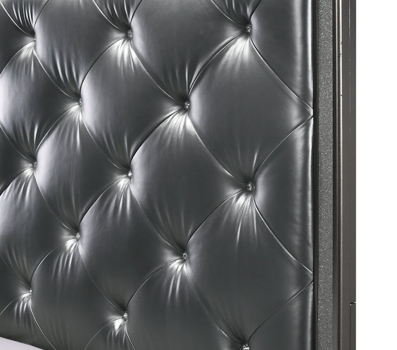 Kaia Dark-Gray Finish Contemporary Sturdy Mahogany Wood Faux Leather Upholstered Tufted Panel Bedroom Set