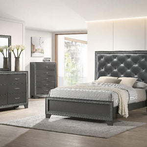 Kaia Dark-Gray Finish Contemporary Sturdy Mahogany Wood Faux Leather Upholstered Tufted Panel Bedroom Set