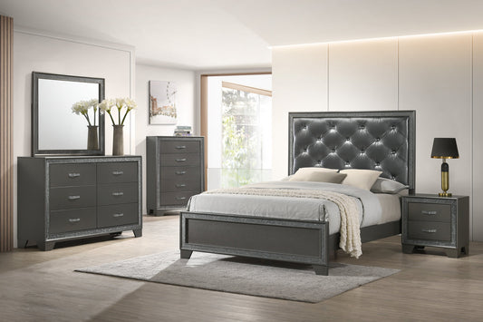 Kaia Dark-Gray Finish Contemporary Sturdy Mahogany Wood Faux Leather Upholstered Tufted Panel Bedroom Set