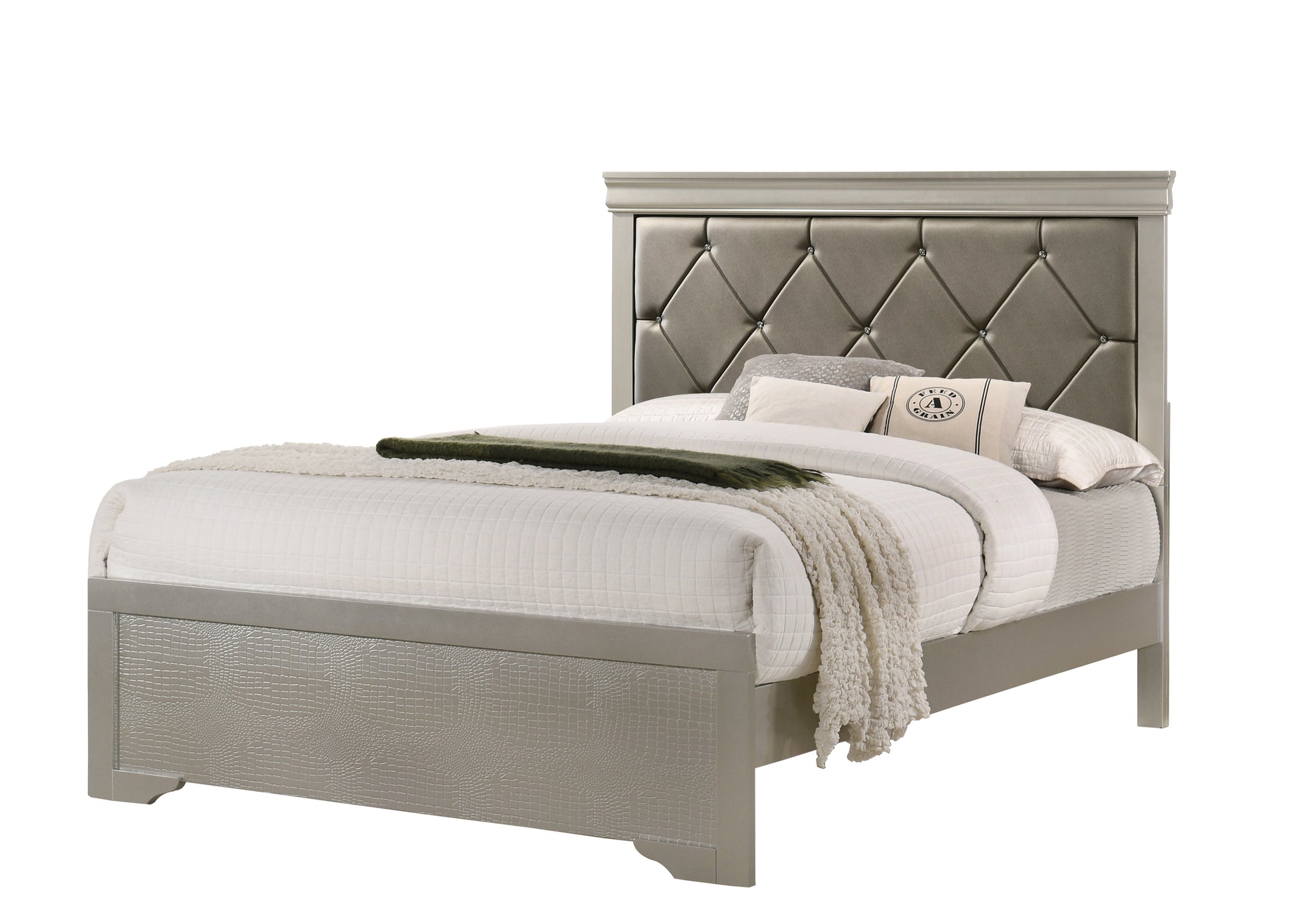 Amalia Silver Wood Faux Leather Upholstered Tufted Panel Bedroom Set