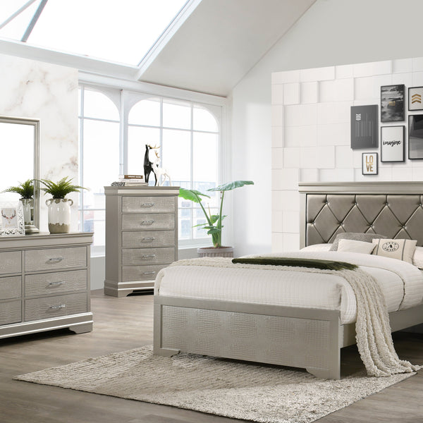 Amalia Silver Wood Faux Leather Upholstered Tufted Panel Bedroom Set