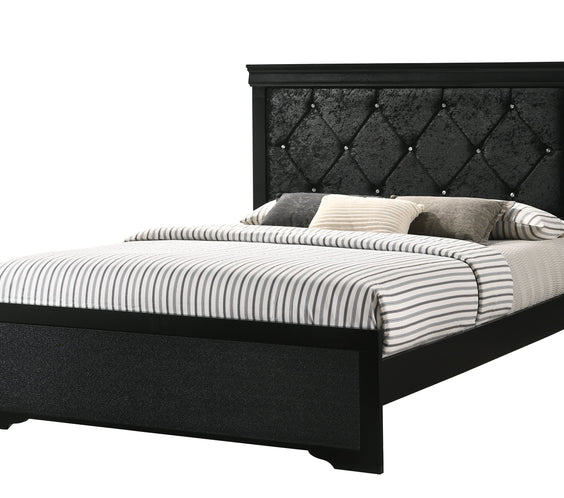 Amalia Black Natural Wood Velvet Upholstered Tufted Panel Bedroom Set