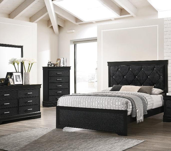 The Amalia Black Velvet Tufted Bedroom Set adds elegance with its natural wood frame and plush upholstery. Upgrade your space with Moda Home.