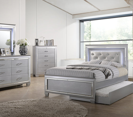 Lillian Silver Sleek Contemporary LED Fabric Upholestered Tufted Bedroom Set