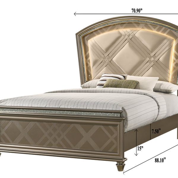 Cristal Gold Modern Glam LED Faux Leather Upholstered Panel Bedroom Set