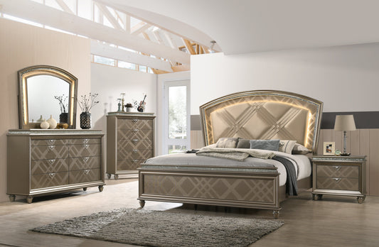 Cristal Gold Modern Glam LED Faux Leather Upholstered Panel Bedroom Set