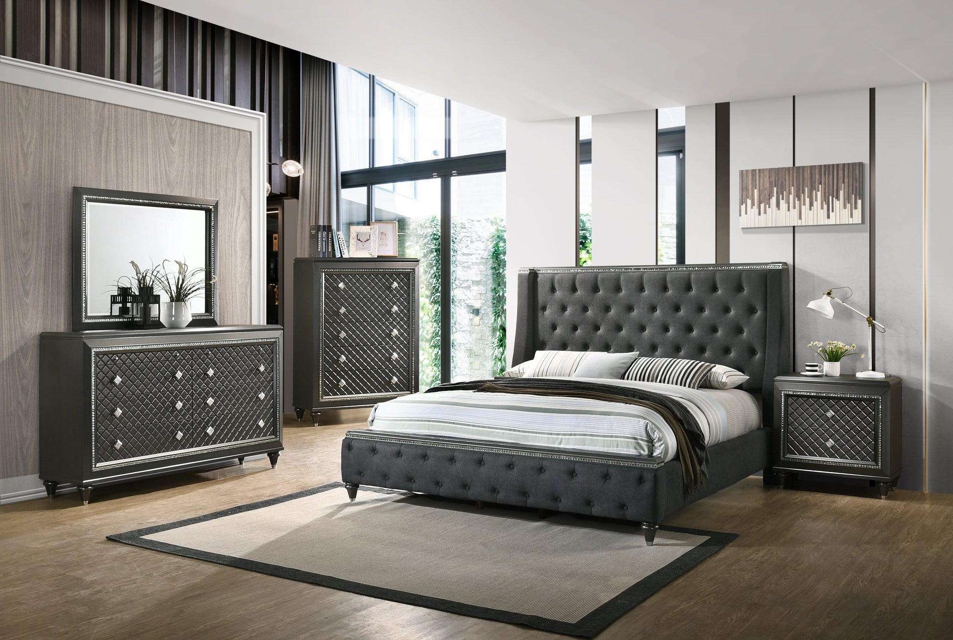 Giovani Gray Modern Contemporary Fabric Upholstered Tufted Panel Bedroom Set