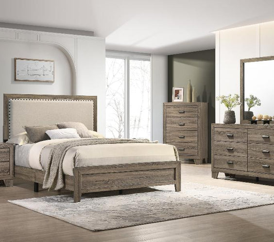 Upgrade your bedroom with the Millie Grey Bedroom Set, featuring solid wood & veneer construction with fabric panel upholstery. A perfect blend of style & durability.