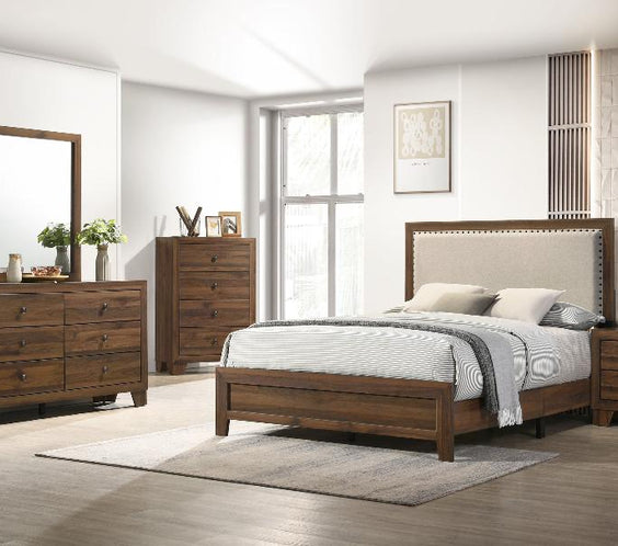 Elevate your space with the Millie Brown Bedroom Set, crafted from solid wood & veneers with a fabric panel upholstered design. Contemporary elegance for any home.