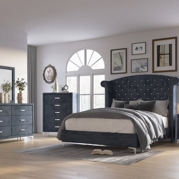 Lucinda Velvet Dark Gray Sleek And Modern Upholstered Tufted Panel Bedroom Set