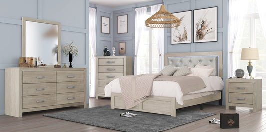 Jaylen Cream Finish Modern LED Faux Leather Upholstered Tufted Panel Bedroom Set