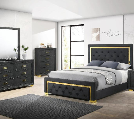 Upgrade your bedroom with the Pepe Black Bedroom Set, featuring a sleek contemporary design, tufted fabric upholstery, stylish panel frame for a luxurious touch.