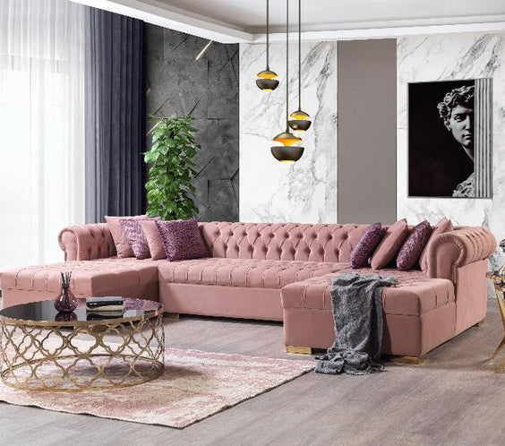 Add a touch of luxury with the Lauren Pink Velvet Double Chaise Sectional. Stylish, comfy, and high-quality. Shop now for the perfect statement piece!