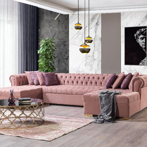 Add a touch of luxury with the Lauren Pink Velvet Double Chaise Sectional. Stylish, comfy, and high-quality. Shop now for the perfect statement piece!