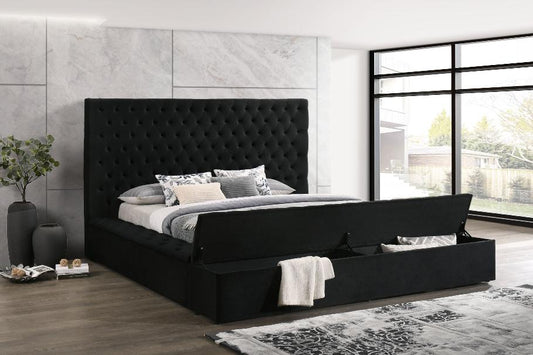 Paris Black Velvet Tufted Platform Storage Bed by Moda Home blends modern elegance with functionality. Features plush upholstery and spacious storage.