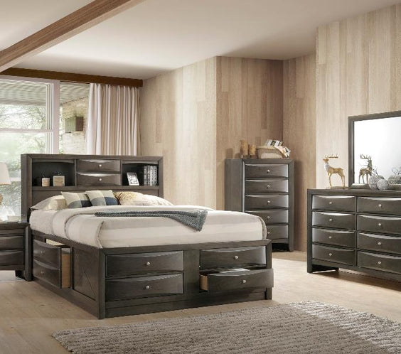 Emily Gray Oak Sleek Contemporary Modern Transitional Storage Platform Bedroom Set