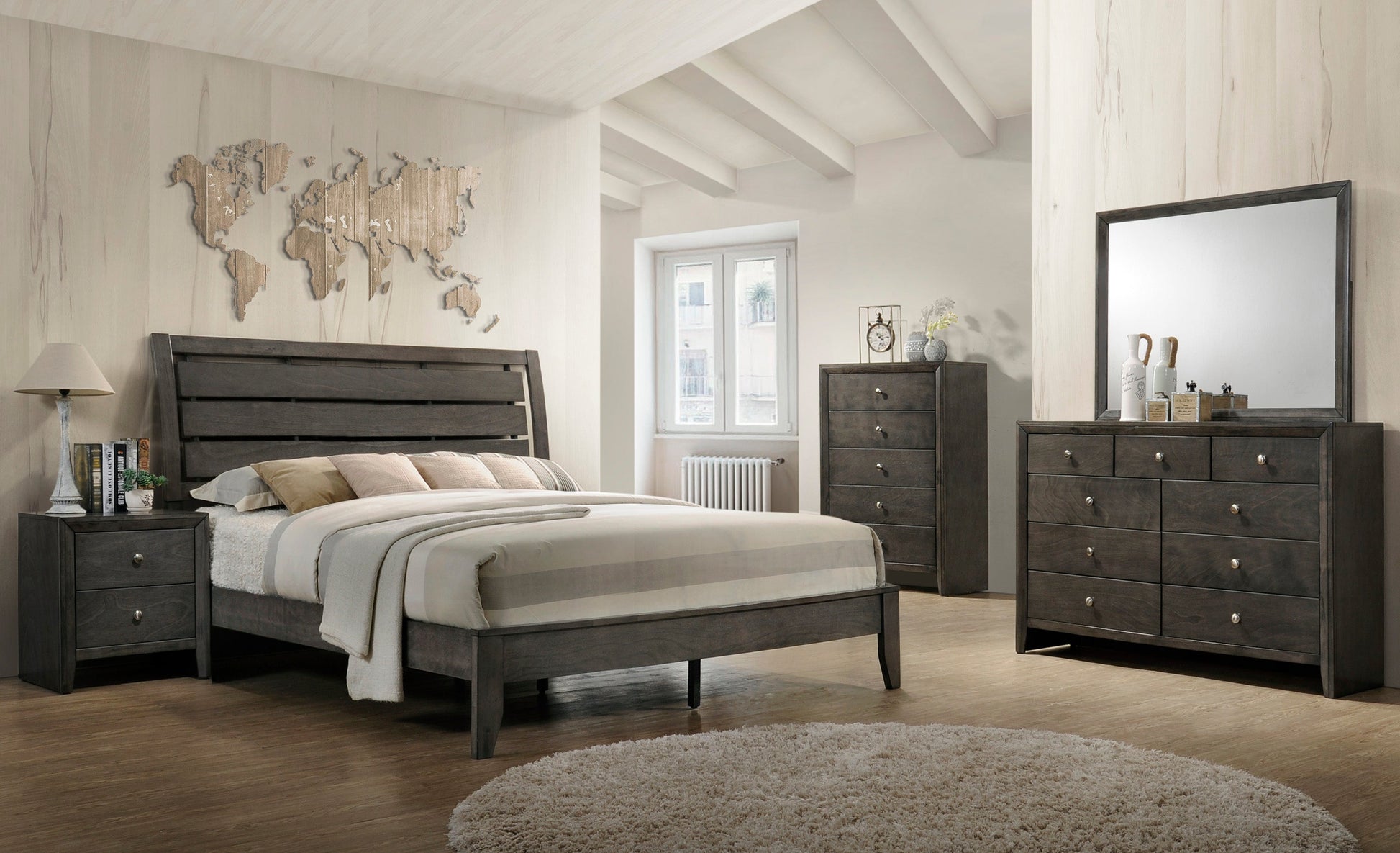 Evan Gray Finish Contemporary Modern Wood Upholstered Panel Bedroom Set