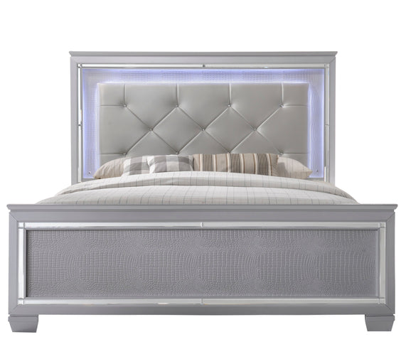 Lillian Silver Sleek Contemporary LED Fabric Upholestered Tufted Bedroom Set