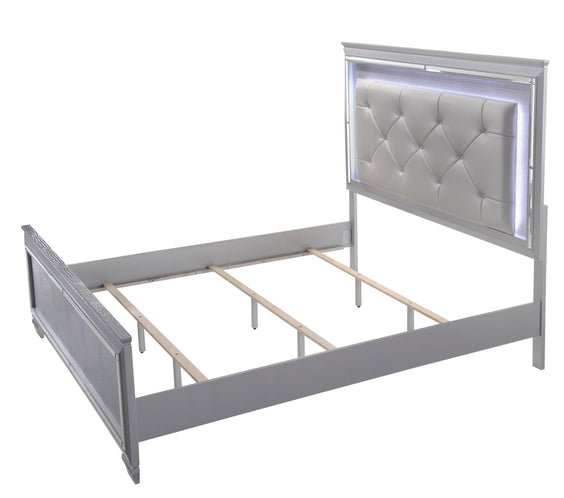 Lillian Silver Sleek Contemporary LED Fabric Upholestered Tufted Bedroom Set