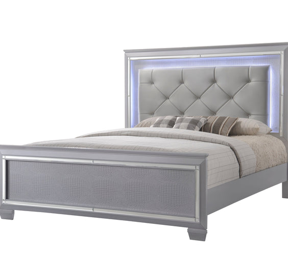 Lillian Silver Sleek Contemporary LED Fabric Upholestered Tufted Bedroom Set
