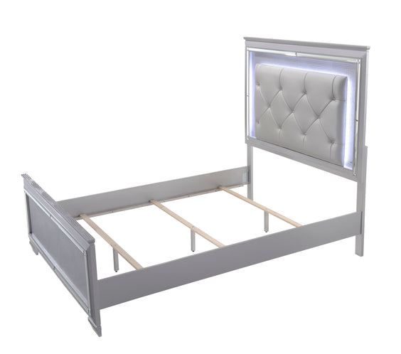Lillian Silver Sleek Contemporary LED Fabric Upholestered Tufted Bedroom Set