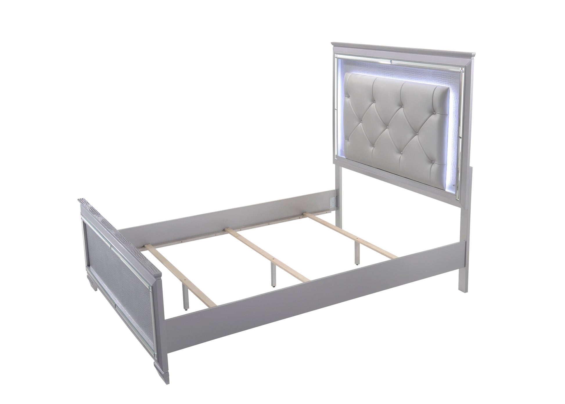 Lillian Silver Sleek Contemporary LED Fabric Upholestered Tufted Bedroom Set