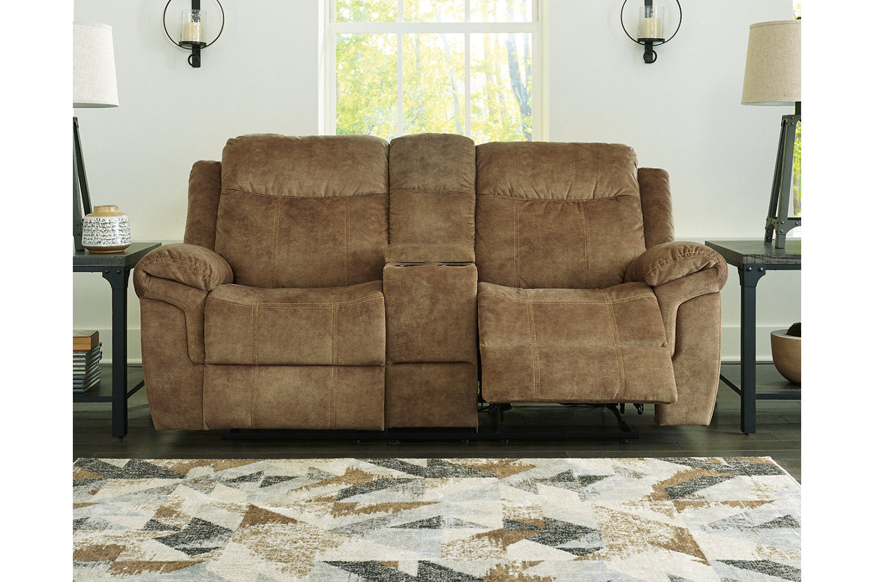 HuddleUp Nutmeg Glider Reclining Loveseat with Console Moda Home