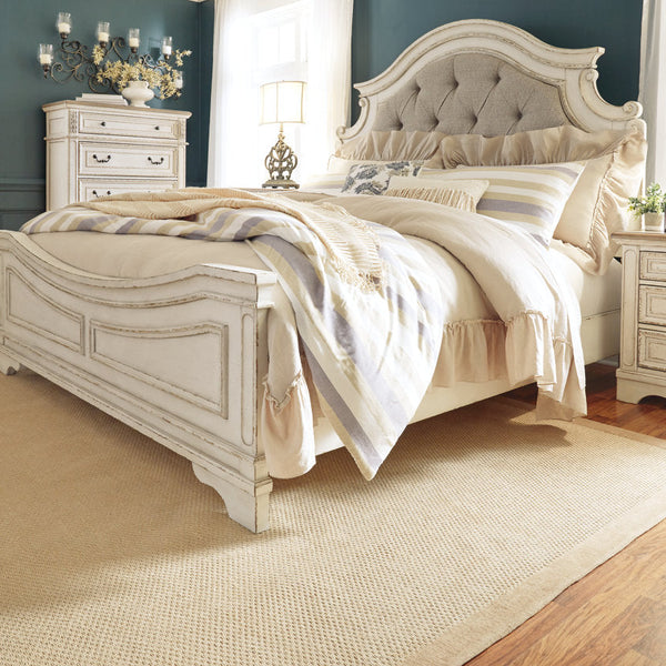 Realyn Chipped White Queen Upholstered Panel Bed - SET | B743-54 | B743-57 | B743-96 - Nova Furniture