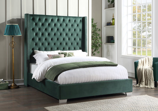 HH221 Green Modern Traditional Solid Wood Velvet Upholstered Tufted Queen Bed