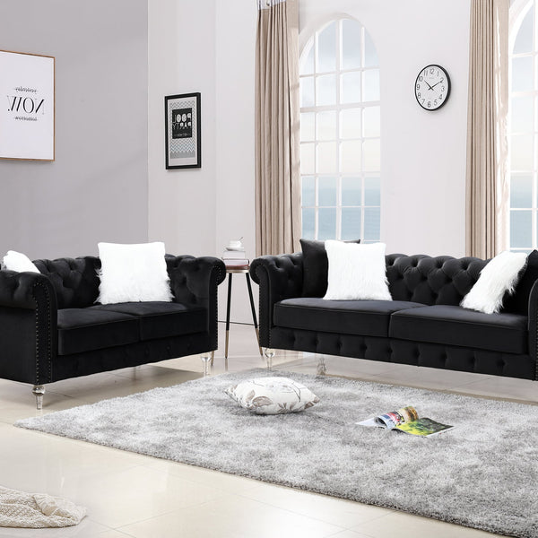 Manchester Black  Modern Contemporary Velvet Upholstered Tufted 2Pc Sofa & Loveseat Set