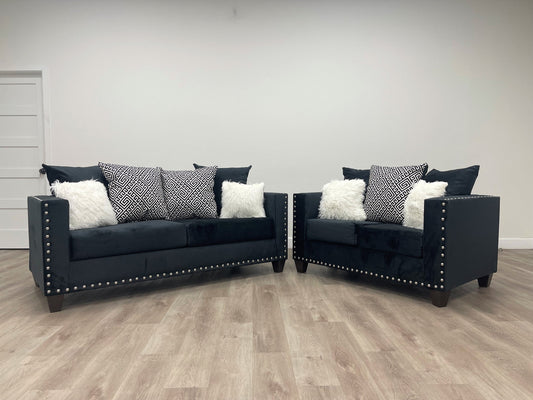 Angel Black Modern Contemporary Velvet Upholstered Sofa & Loveseat