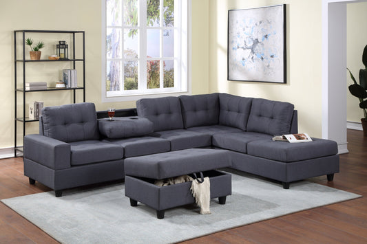 32Heights Gray Modern Contemporary Fabric Tufted Reversible Sectional + Ottoman Set