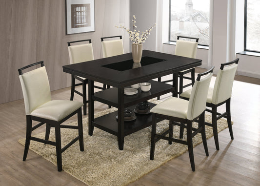 Tommy White Modern Solid Wood Faux Leather Counter Height Dining Table & 6 Chairs Set