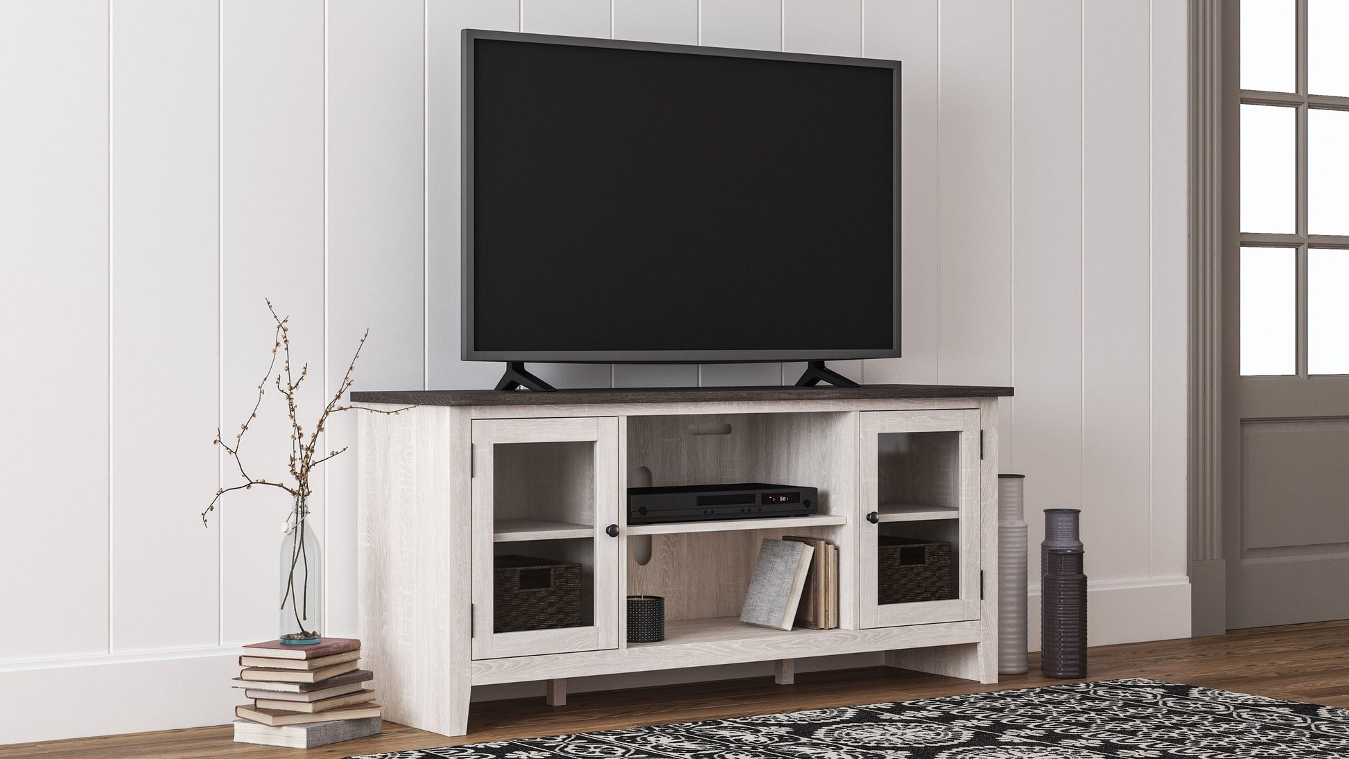 Antique white 60" TV stand with glass doors, adjustable shelves, and ample storage. Perfect for organizing and elevating modern or transitional décor.
