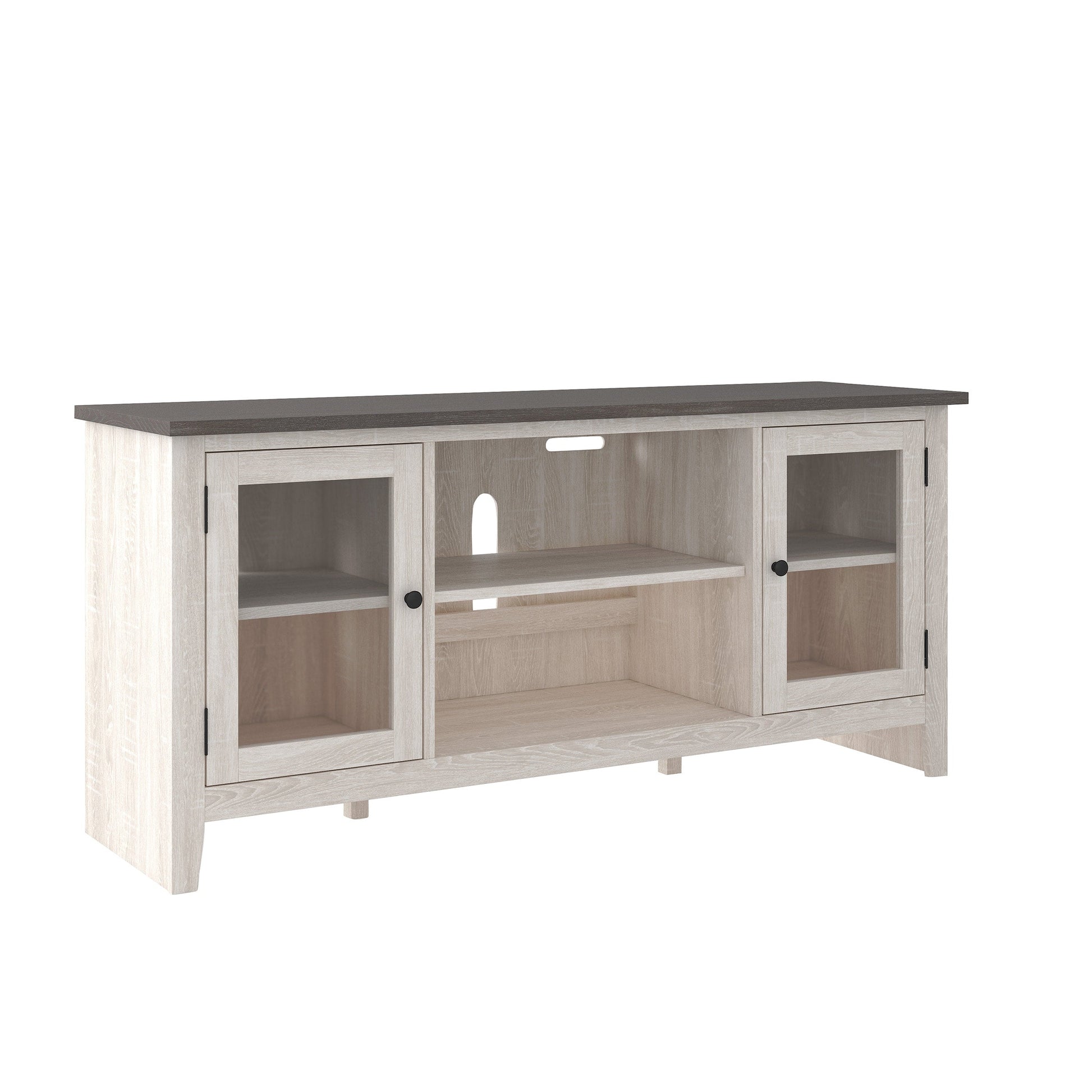 Dorrinson Antique White Modern Transitional Wood TV Stand With Storage With Glass Doors