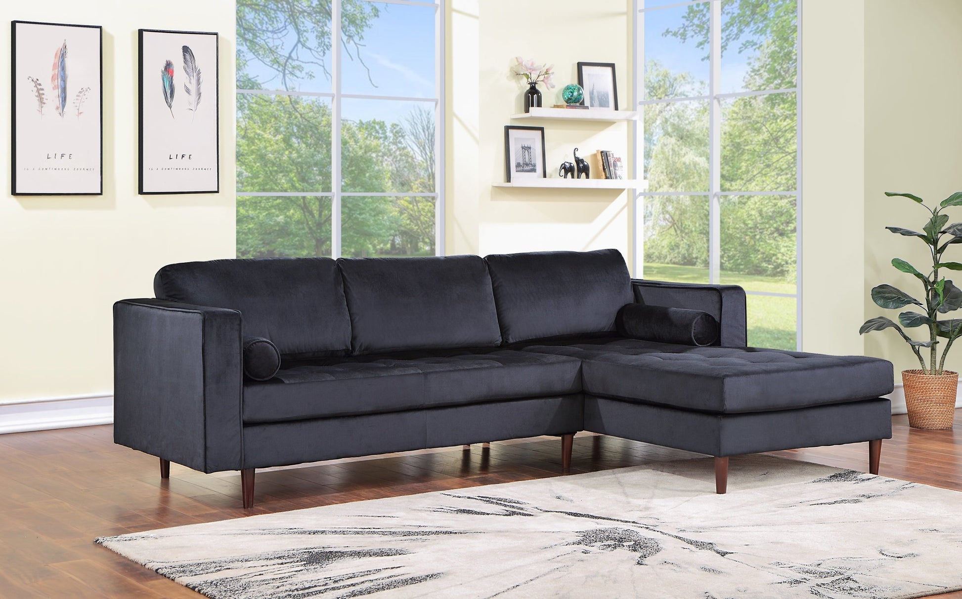 Roxy Black Modern Contemporary Solid Wood Velvet Sectional