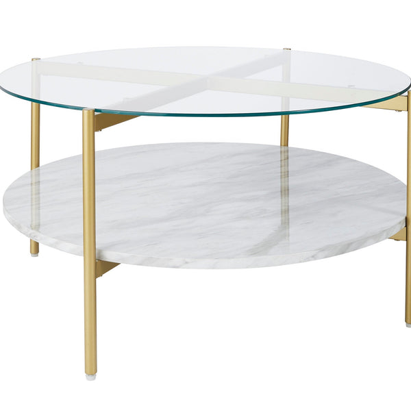 Wynora Gold/White Contemporary Modern Metal Wood Glass Marble Round Cocktail Table
